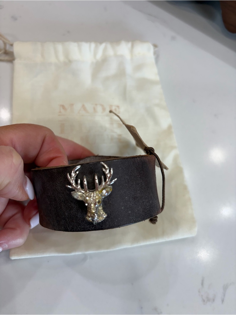 Chunky Brown Leather Cuff Bracelet with Silver Deer Accent